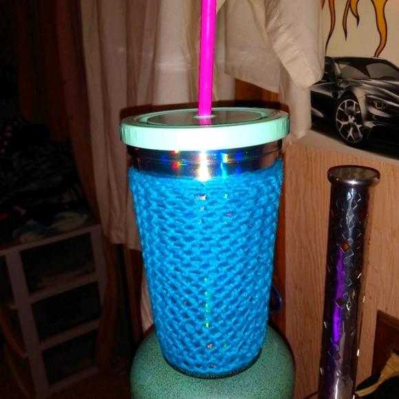NEW Cup Cozie Sunny Days Crochet Holder 16oz - 18oz. Turquoise HANDCRAFTED - Picture 7 of 9
